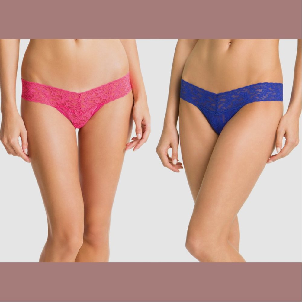 NEW $48 Hanky‎ Panky Lace Low rise Thongs 2 PC in Blue & Pink [SZ OS] #6256